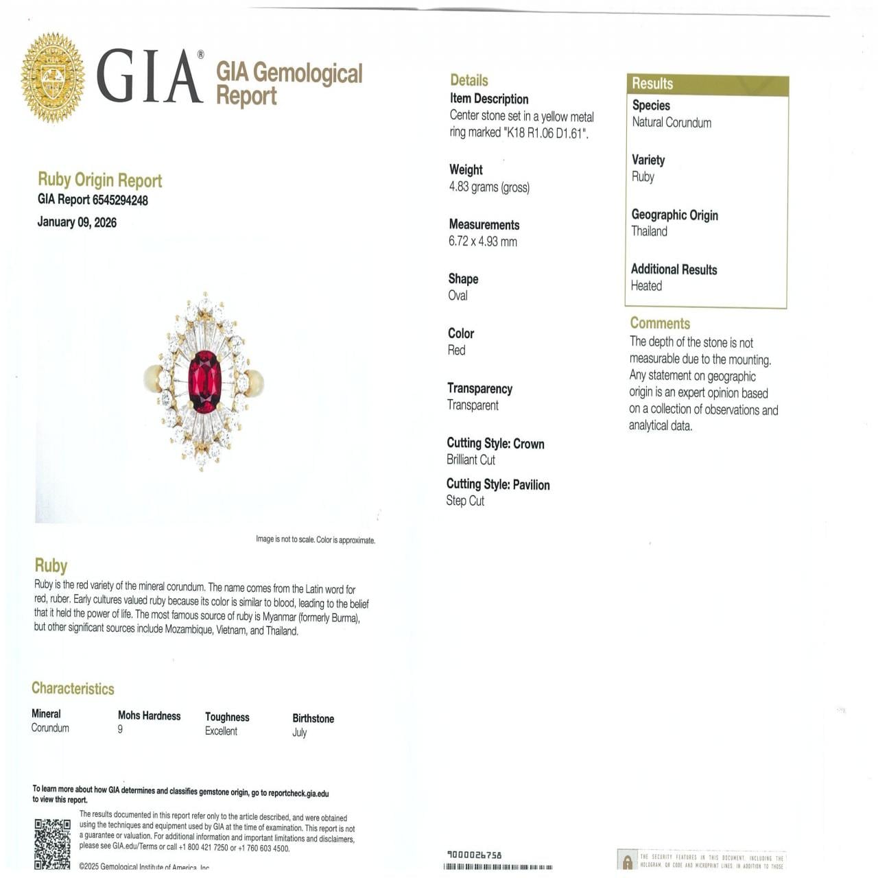 K18YG ルビー リング 1.06CT タイ産