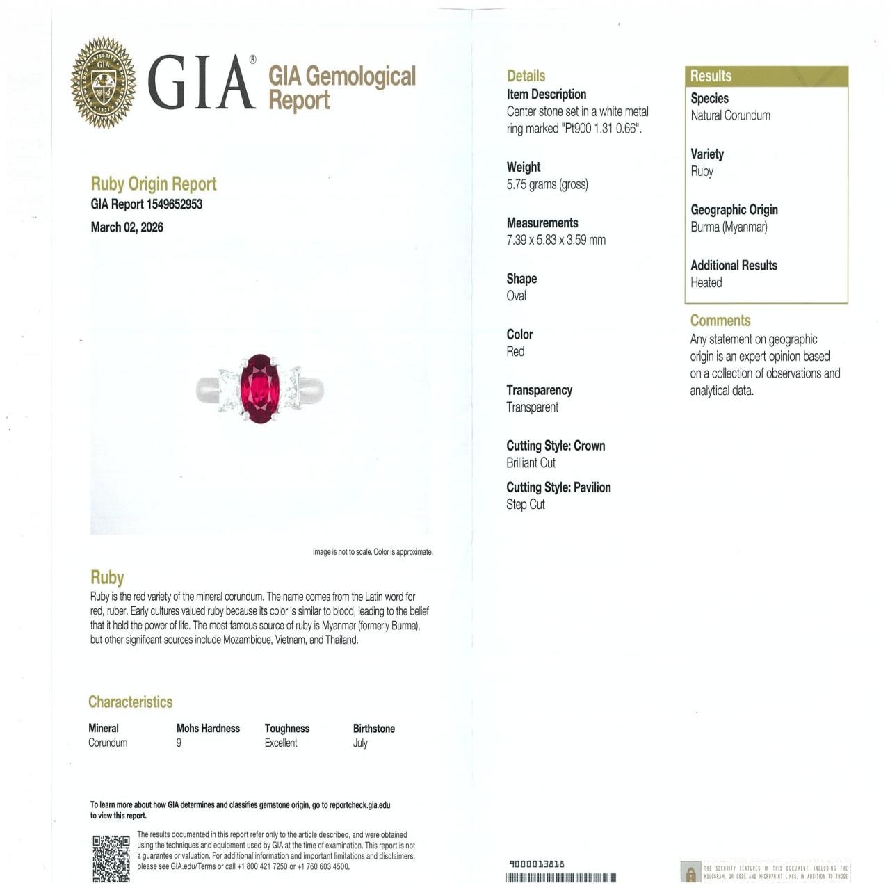 PT900 ルビー リング 1.31CT ビルマ産