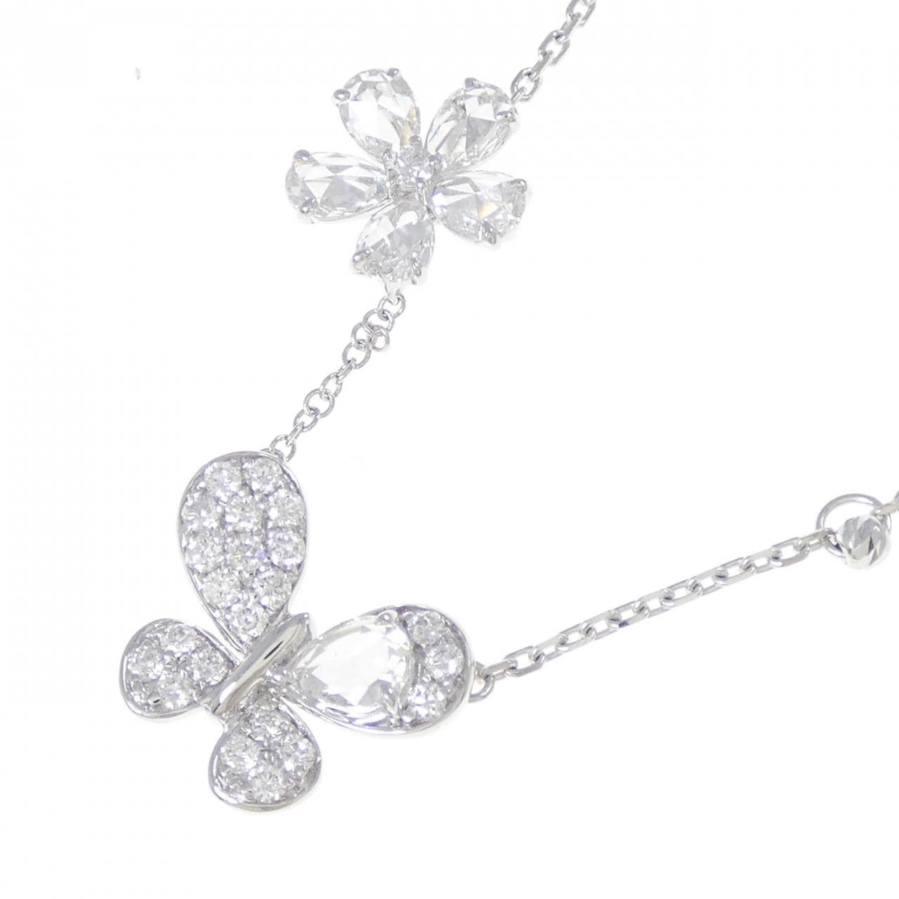 K18WG バタフライ?フラワー ダイヤモンド ネックレス 0.88CT