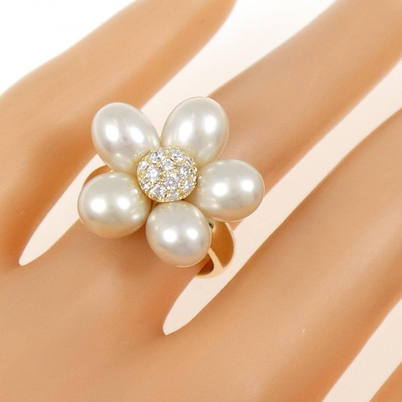 K18YG フラワー 白蝶パール リング