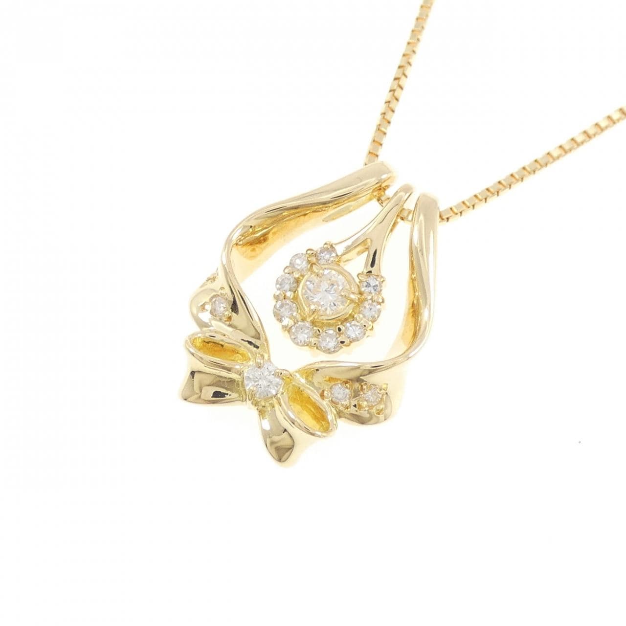 K18YG リボン ダイヤモンド ネックレス 0.21CT