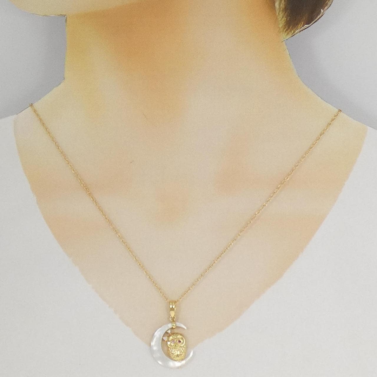 K18YG ムーン×フクロウ マザーオブパール ネックレス