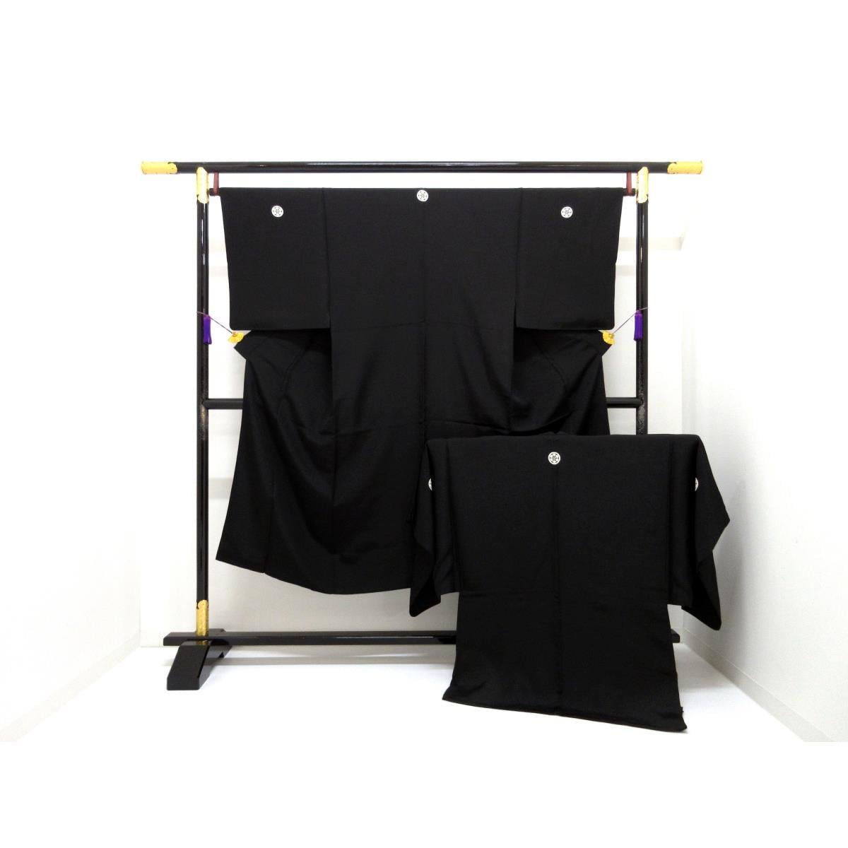 男物　黒羽二重　丸に六ッ槌車　きもの・羽織２点セット