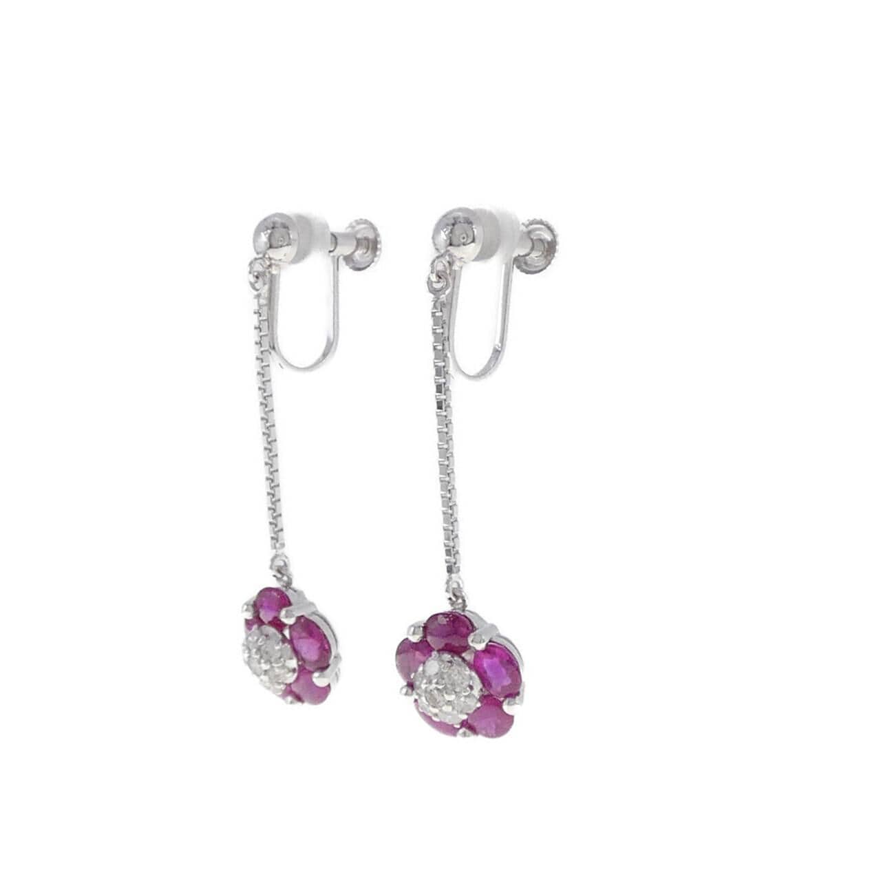 K14WG フラワー ルビー イヤリング 2.30CT