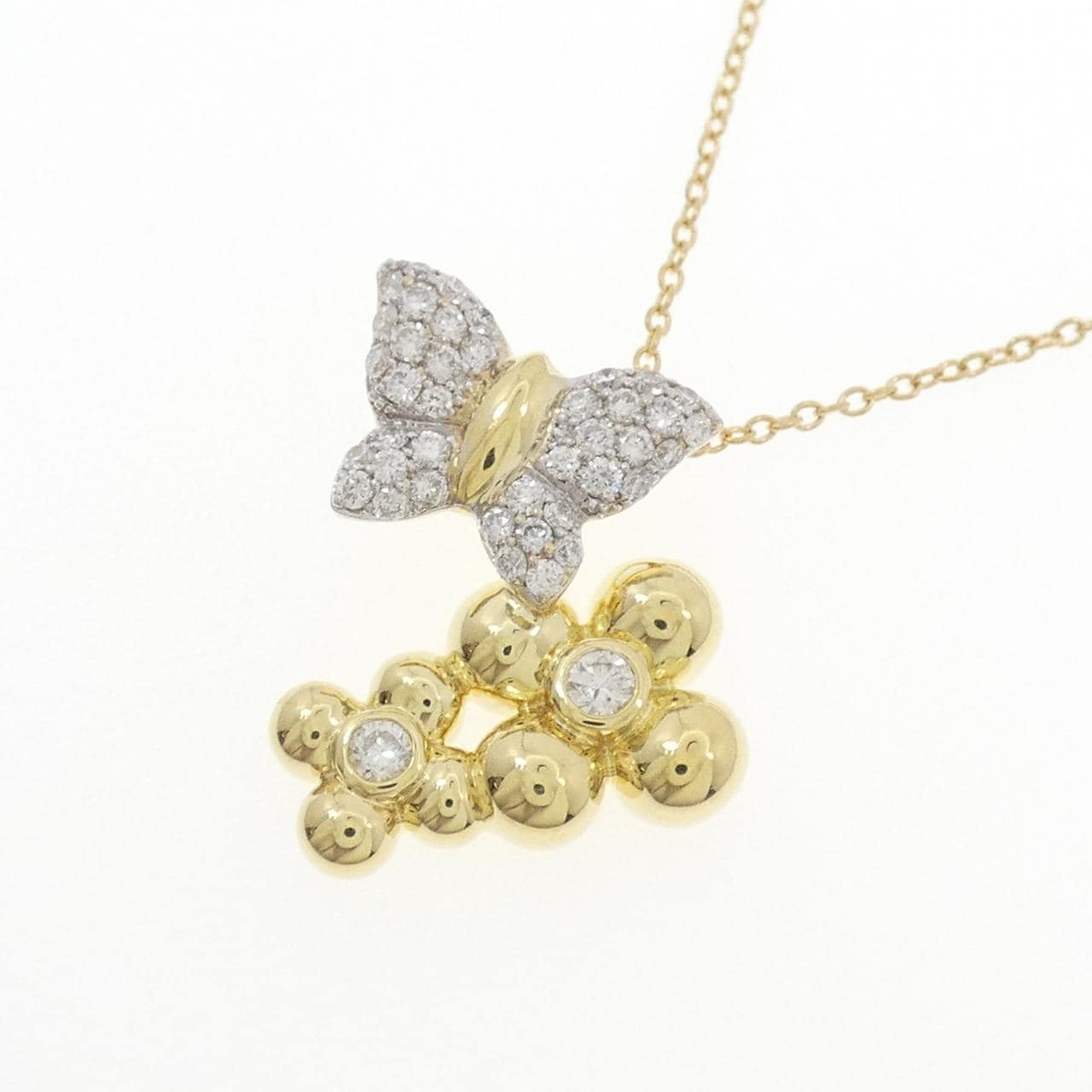 K18YG/K18WG バタフライ×フラワー パヴェ ダイヤモンド ネックレス 0.45CT