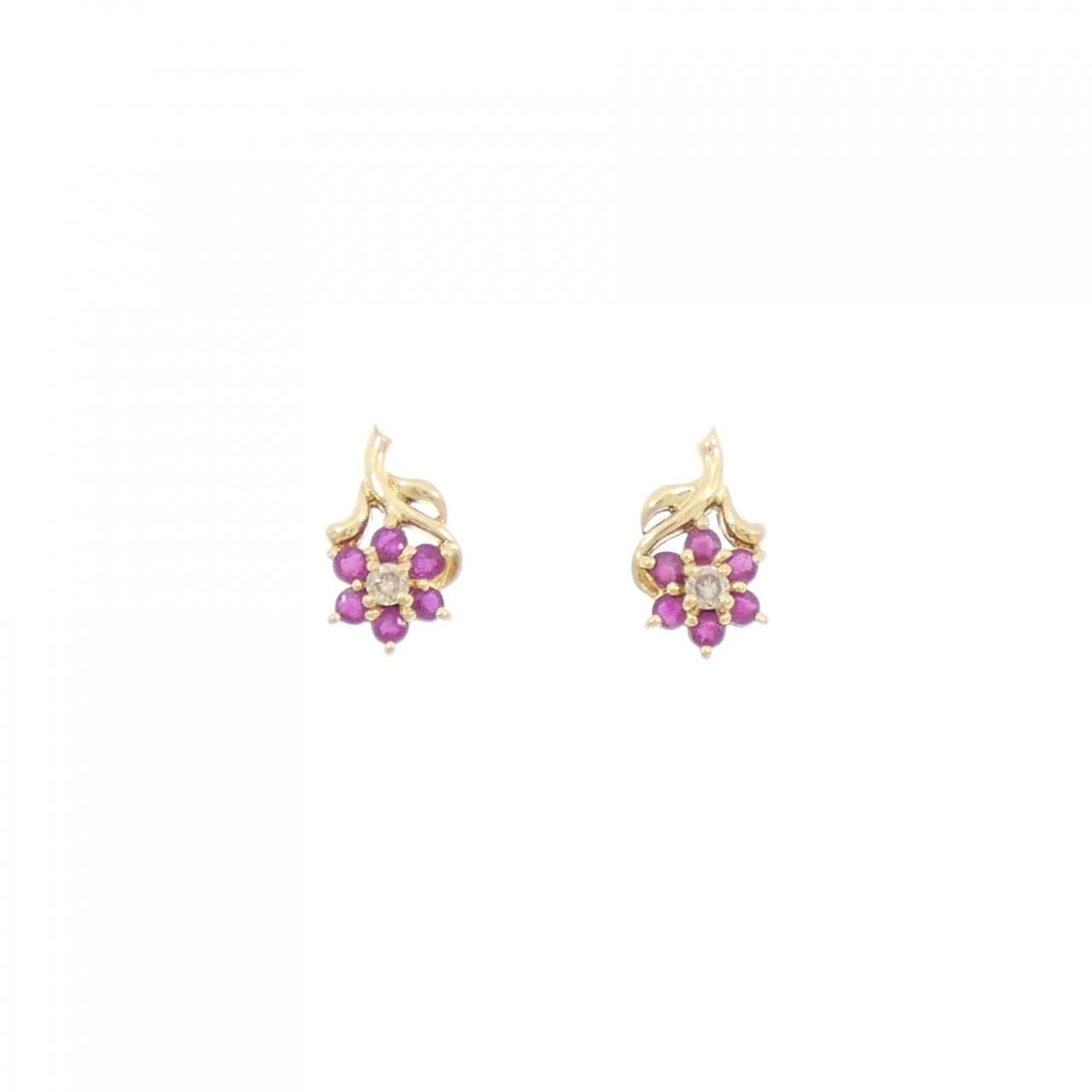 K18YG フラワー ルビー ピアス