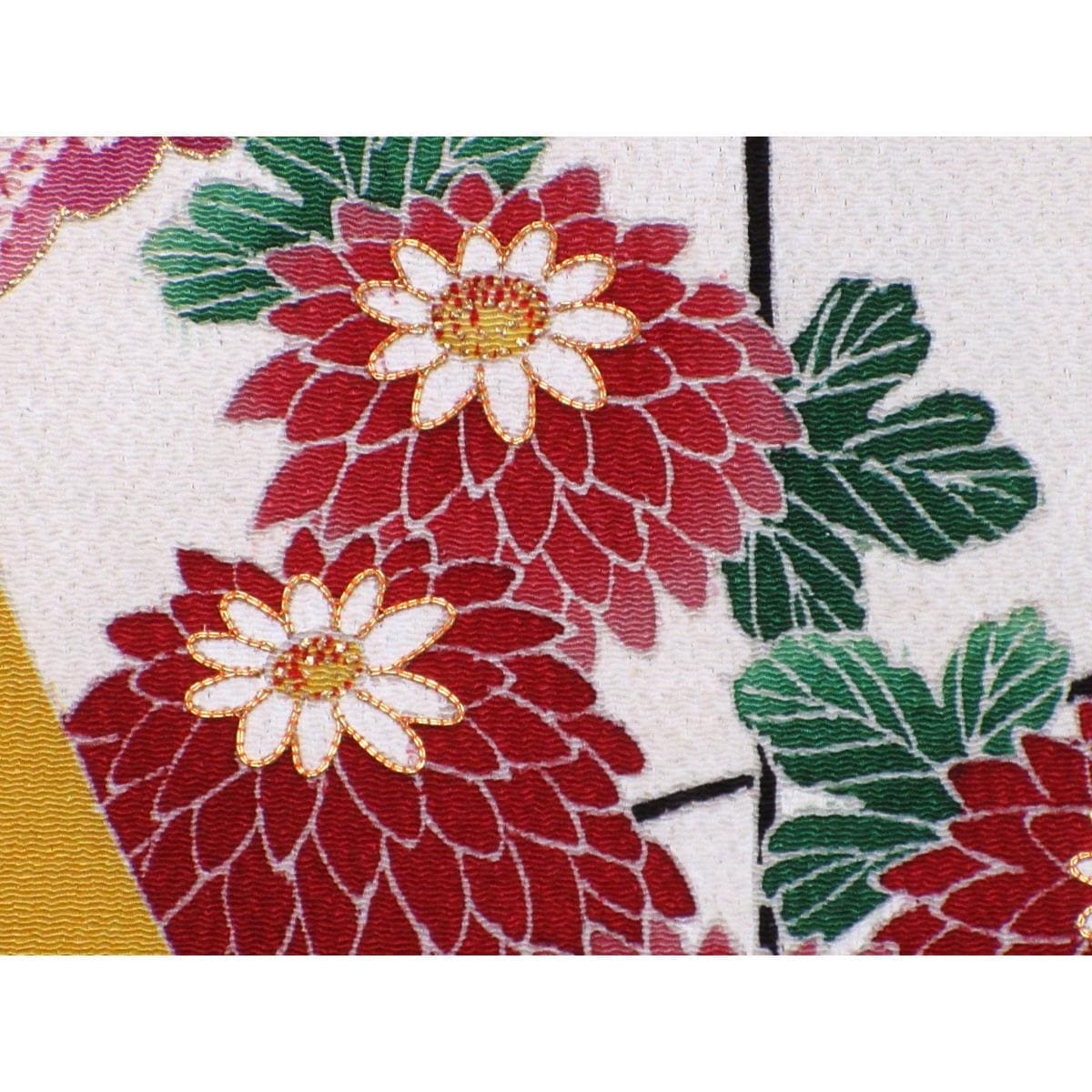 【未使用品】名古屋帯　ちりめん染帯　友禅金彩加工　刺繍入り