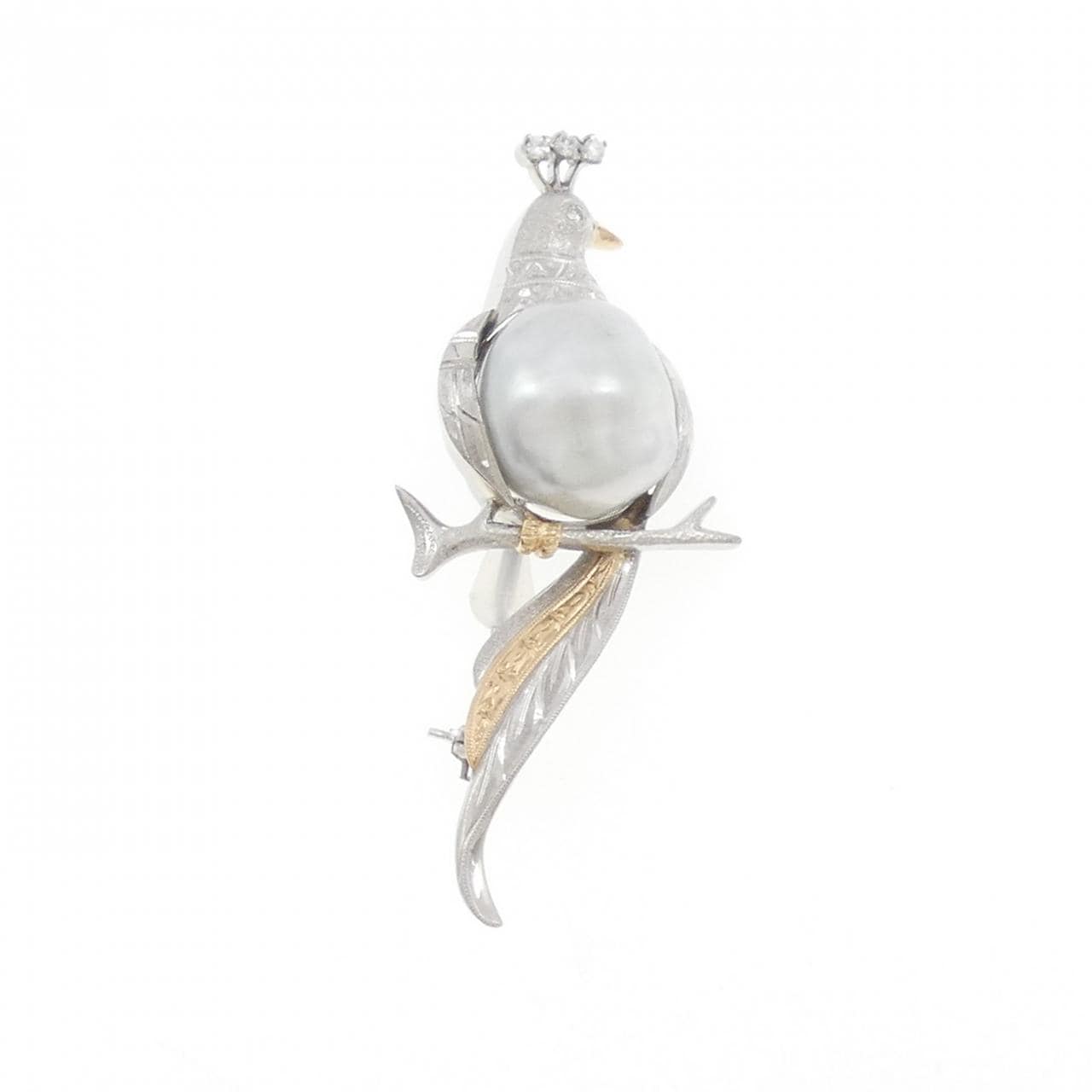 PT900/K18YG クジャク 白蝶パール ブローチ