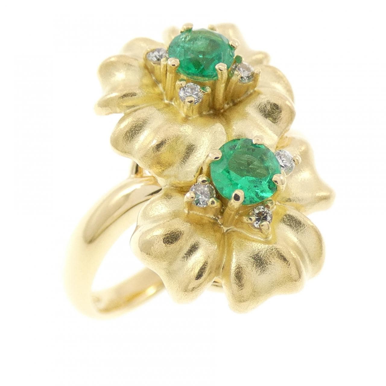 K18YG フラワー エメラルド リング 0.32CT