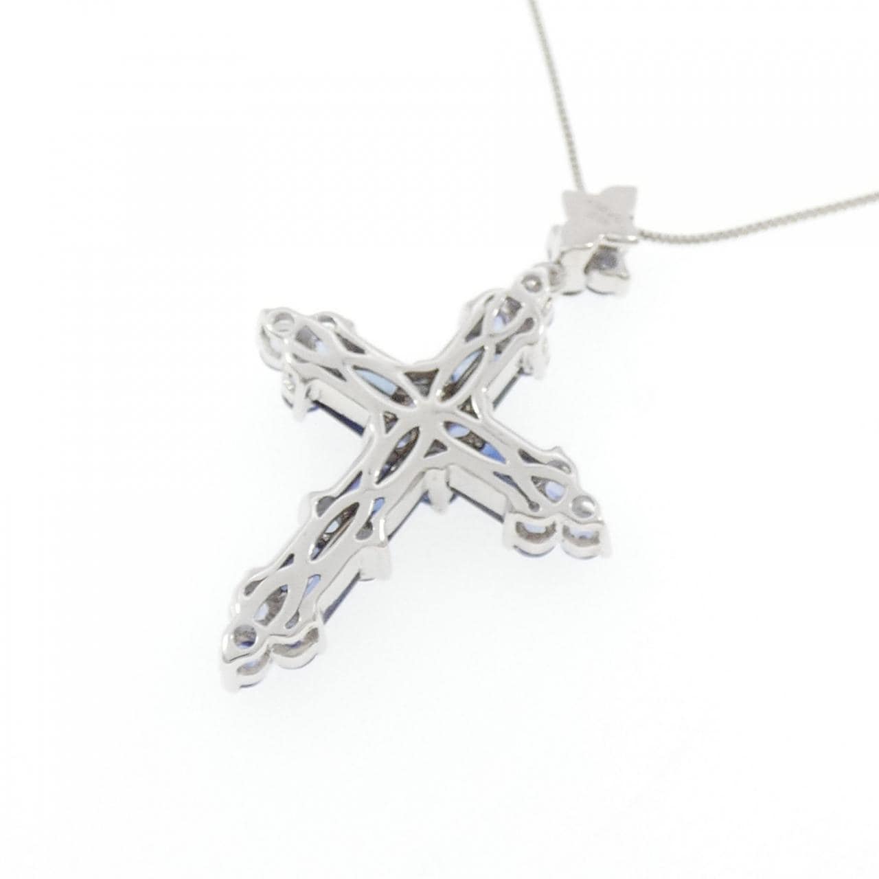 K18WG クロス×フラワー サファイヤ ネックレス 2.10CT