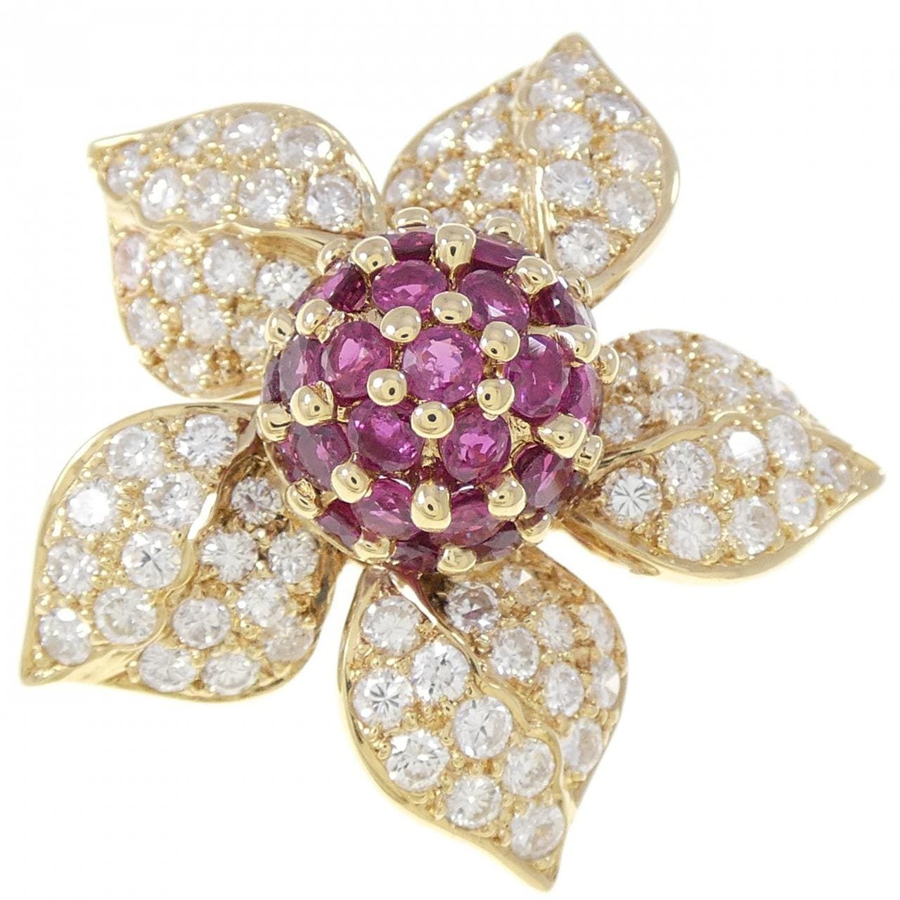 K18YG フラワー ルビー ブローチ 3.25CT