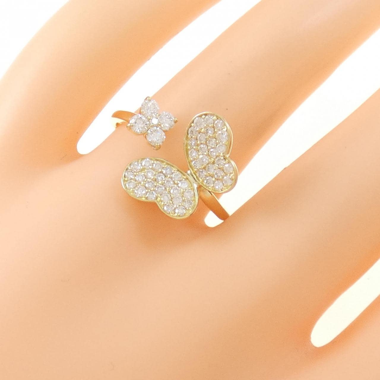 K18YG バタフライ×フラワー ダイヤモンド リング 0.55CT