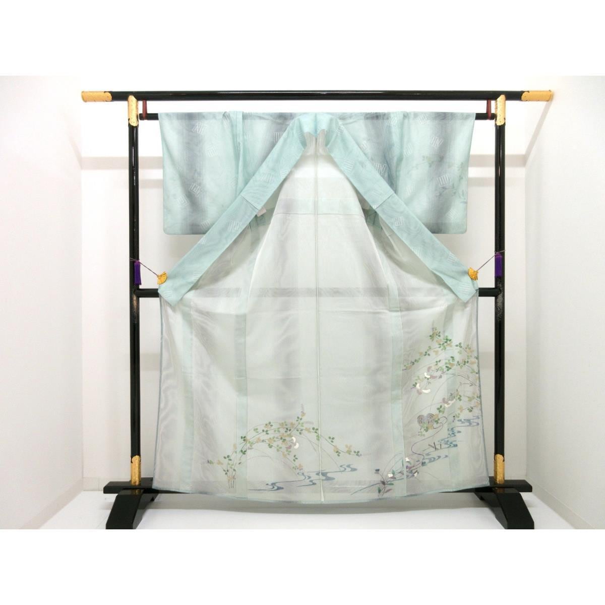 単衣　紗無双訪問着　友禅金彩加工　裄丈Ｓ寸