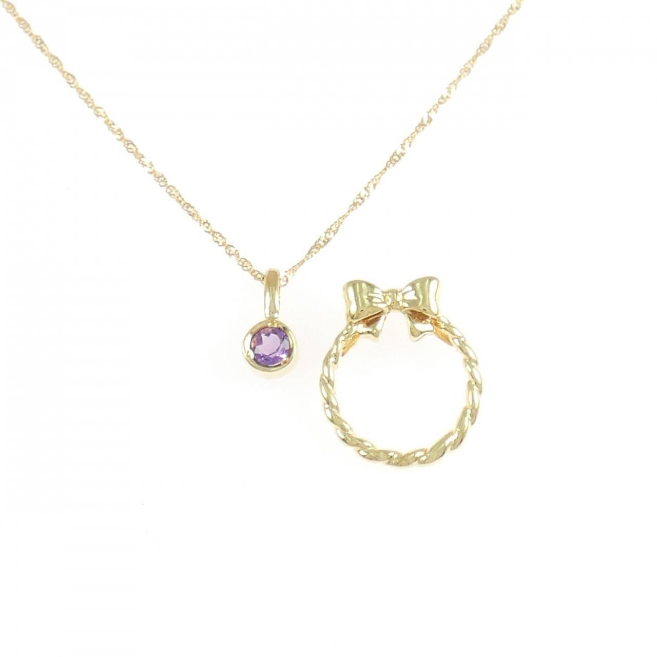 K18YG/750YG 2WAY リボン アメジスト ネックレス 0.08CT