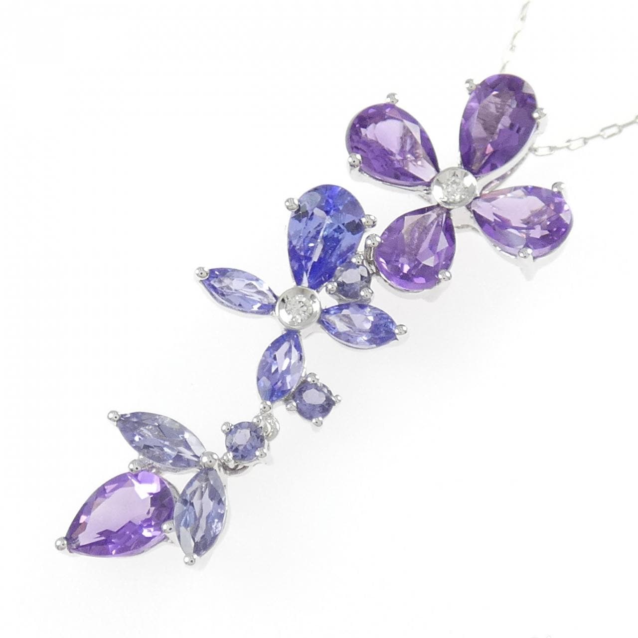 K18WG フラワー カラーストーン ネックレス