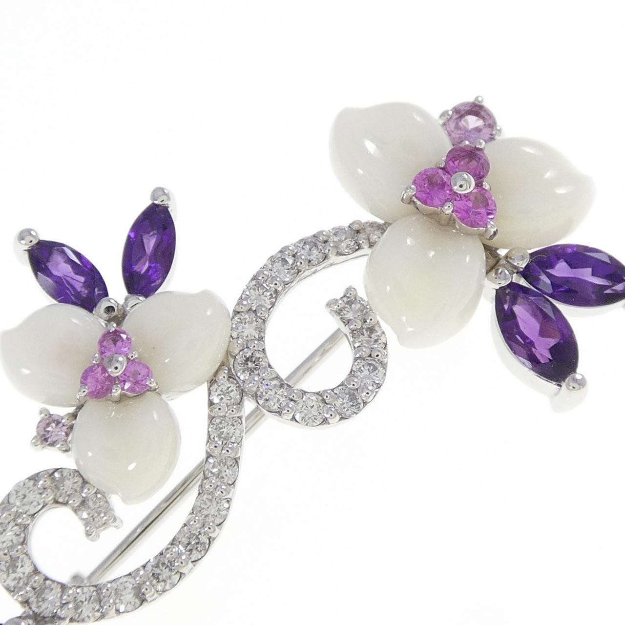 K18WG/K14WG フラワー カラーストーン ブローチ