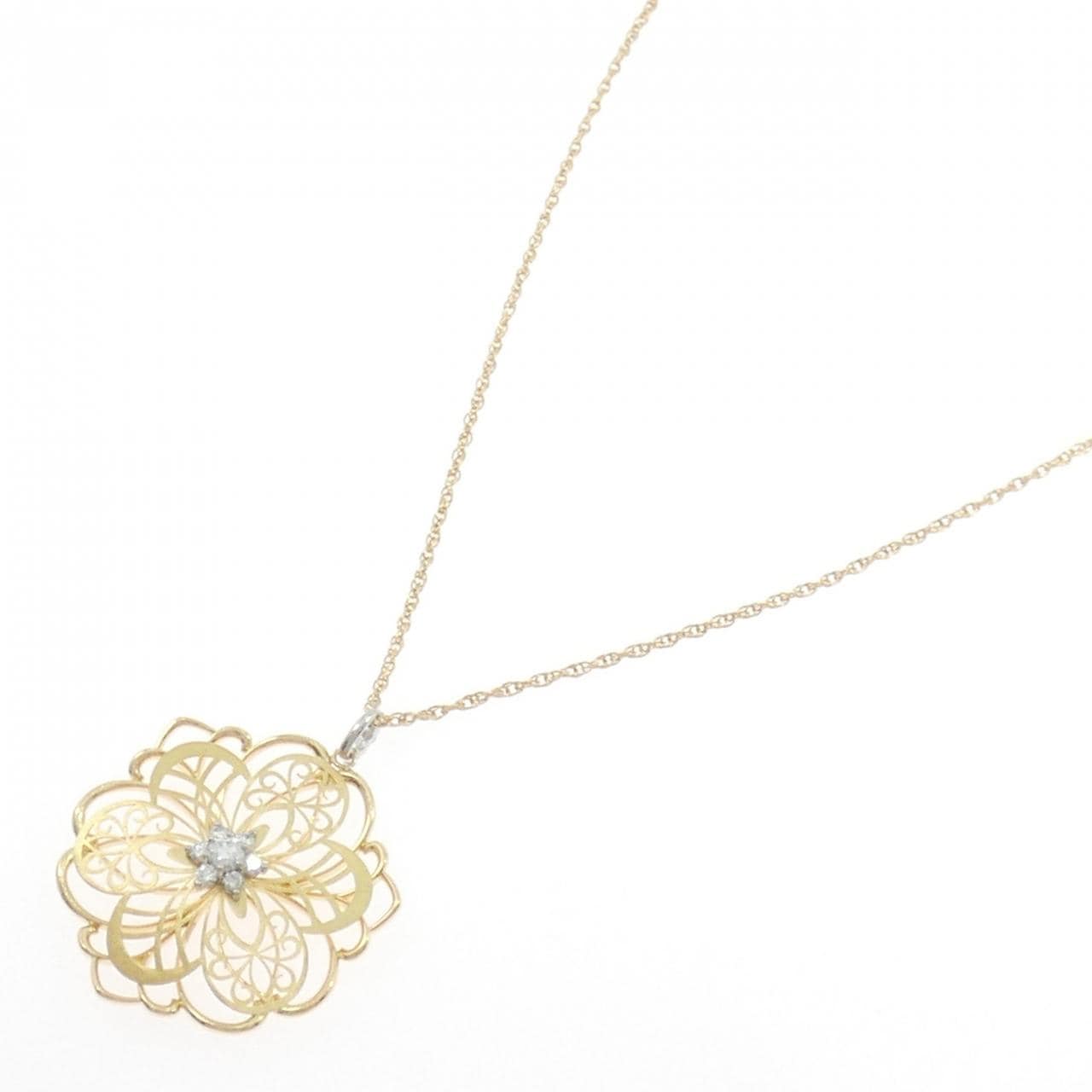 K18YG/PT900 フラワー ダイヤモンド ネックレス 0.30CT