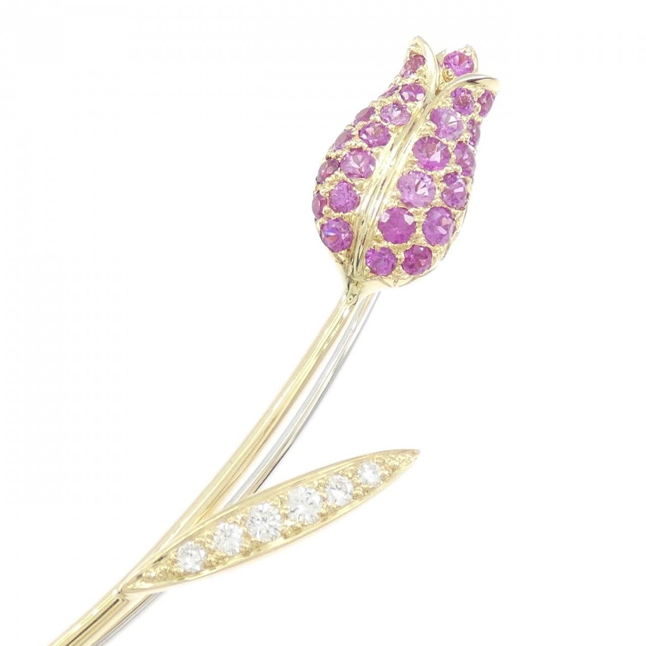 K18YG/K18WG チューリップ サファイヤ ブローチ 0.80CT