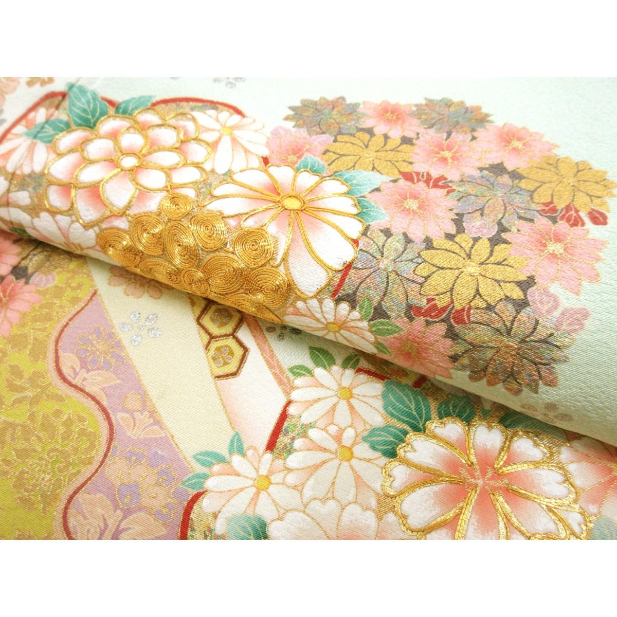 色留袖　友禅金彩加工　刺繍入り　丸に三ツ柏