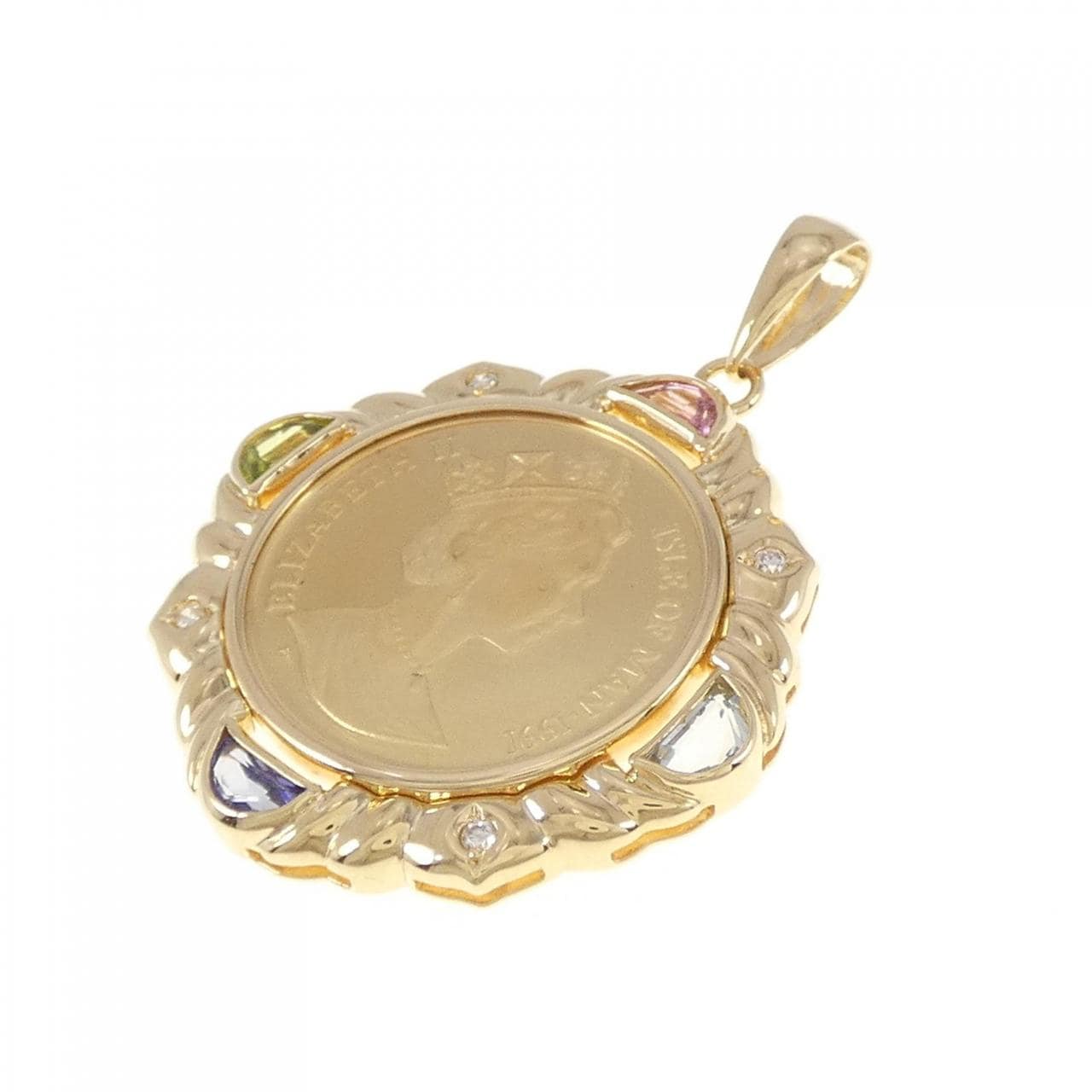 K18YG frame colored stone coin pendant