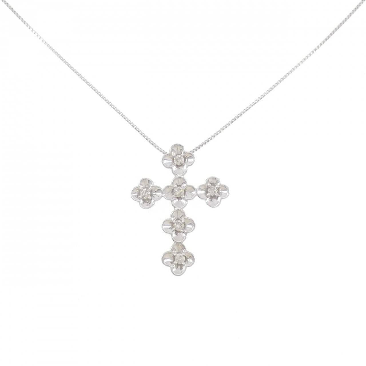 K18WG フラワー×クロス ダイヤモンド ネックレス 0.10CT
