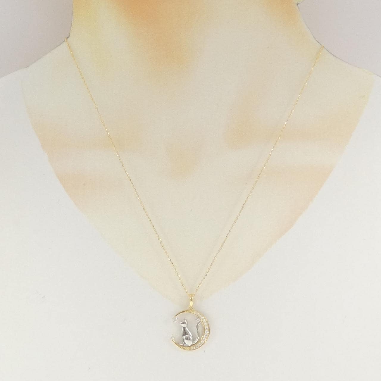 K18YG/PT900 キャット×ムーン ダイヤモンド ネックレス 0.22CT