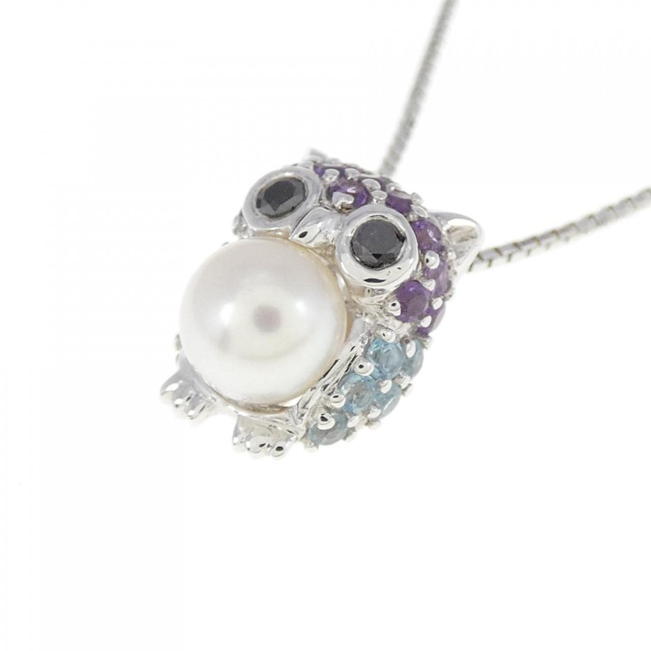 K18WG owl colored stone necklace