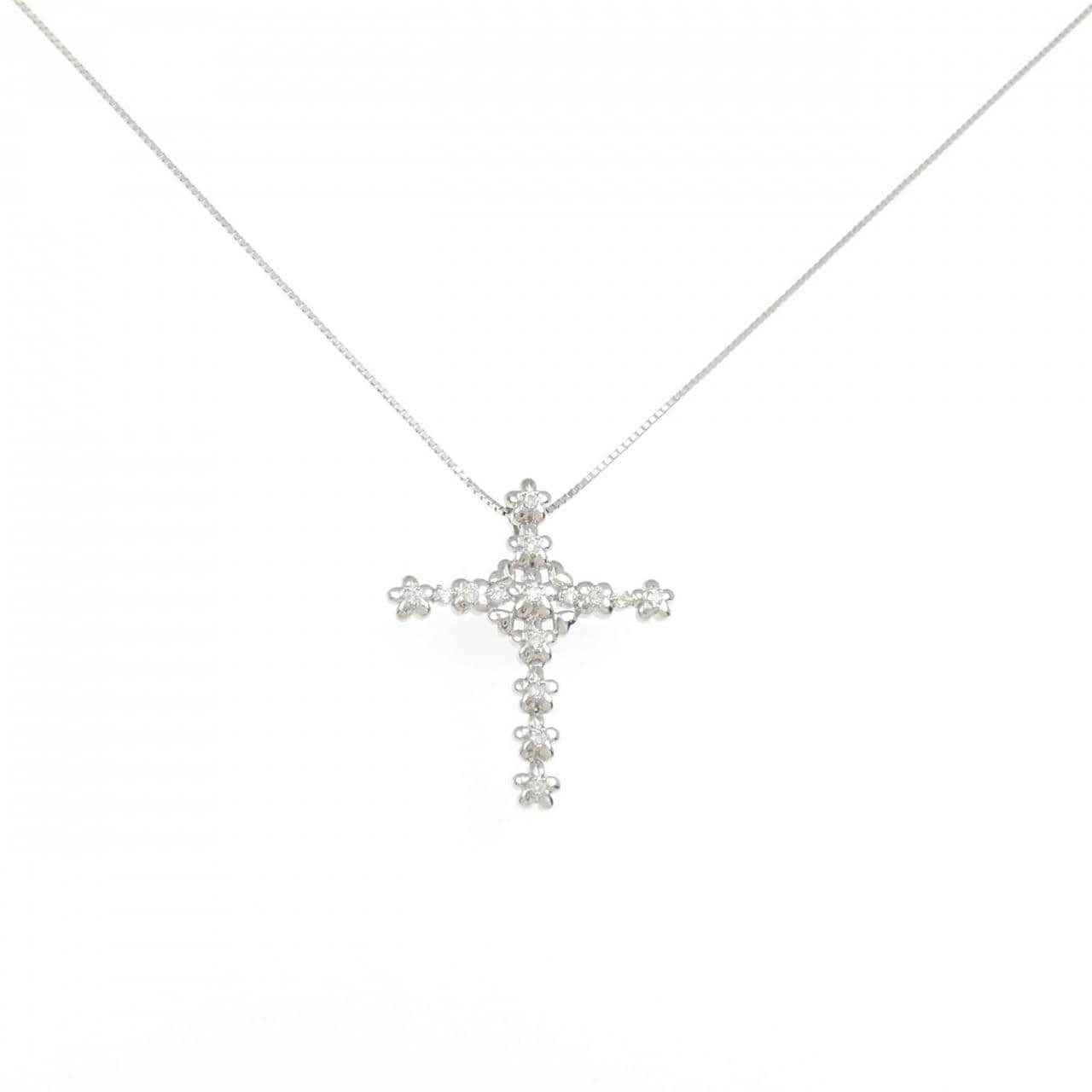 K18WG クロス×フラワー ダイヤモンド ネックレス 0.21CT