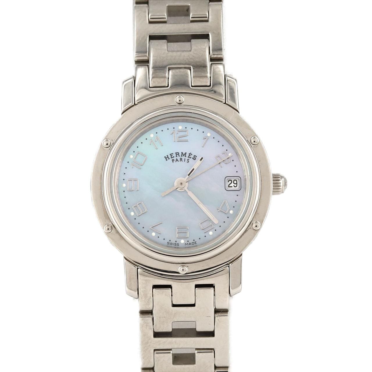 HERMES クリッパーナクレ CL4.210　ブルーシェル　新品電池　完動品！ HERMES エルメス クリッパー・ナクレ CL4.210 ステンレス ブルー