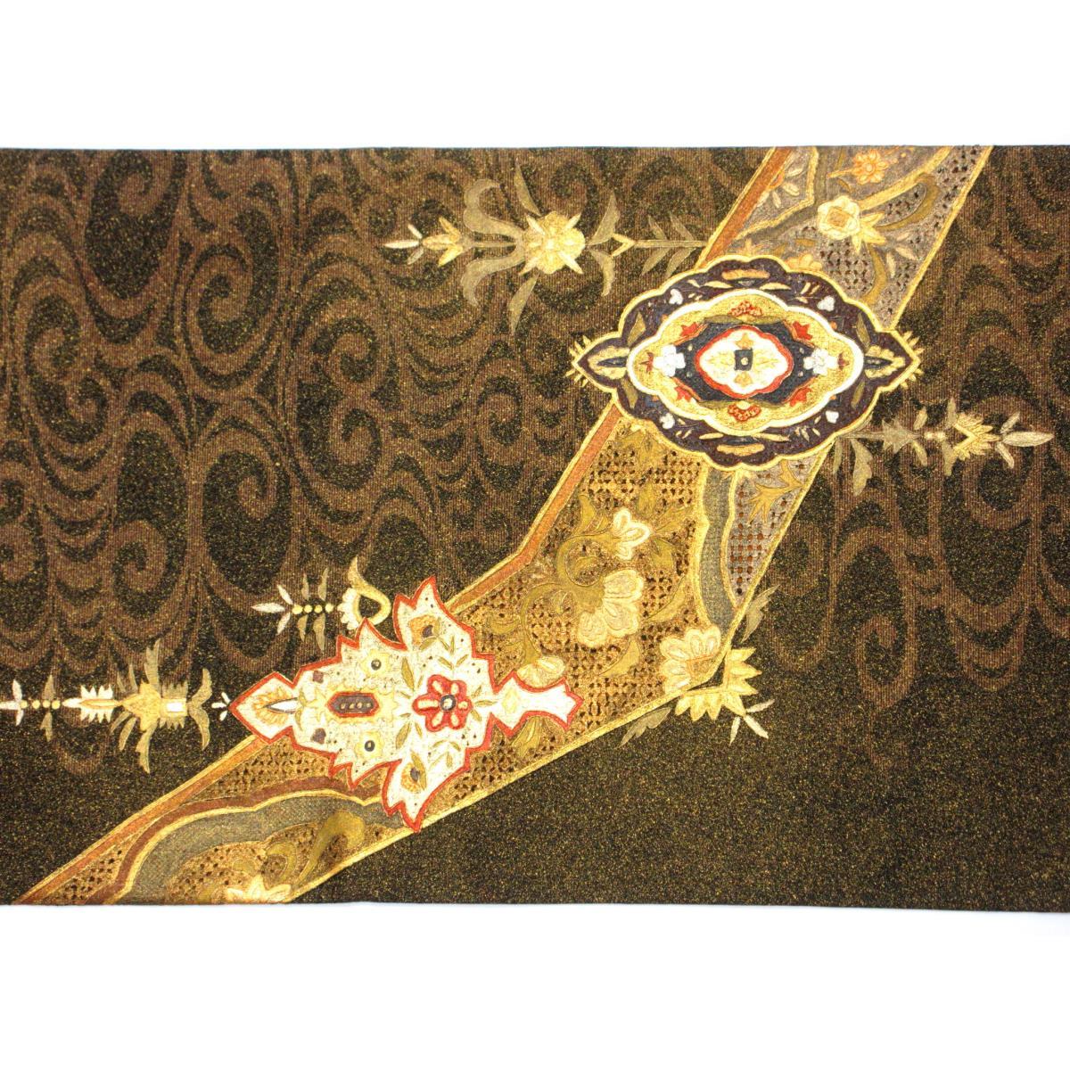 袋帯　染帯　刺繍入り　金彩加工