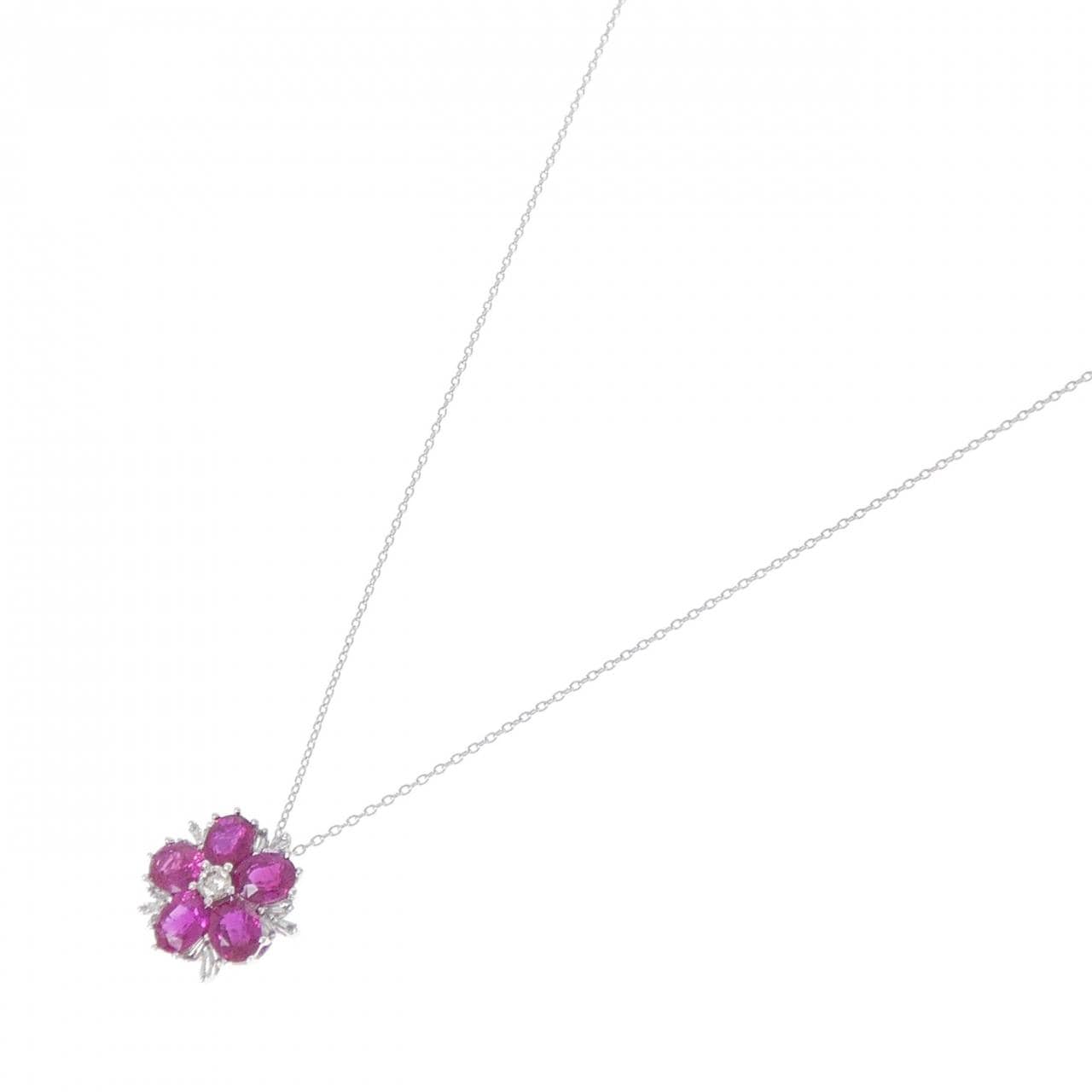 K18WG フラワー ルビー ネックレス 1.75CT