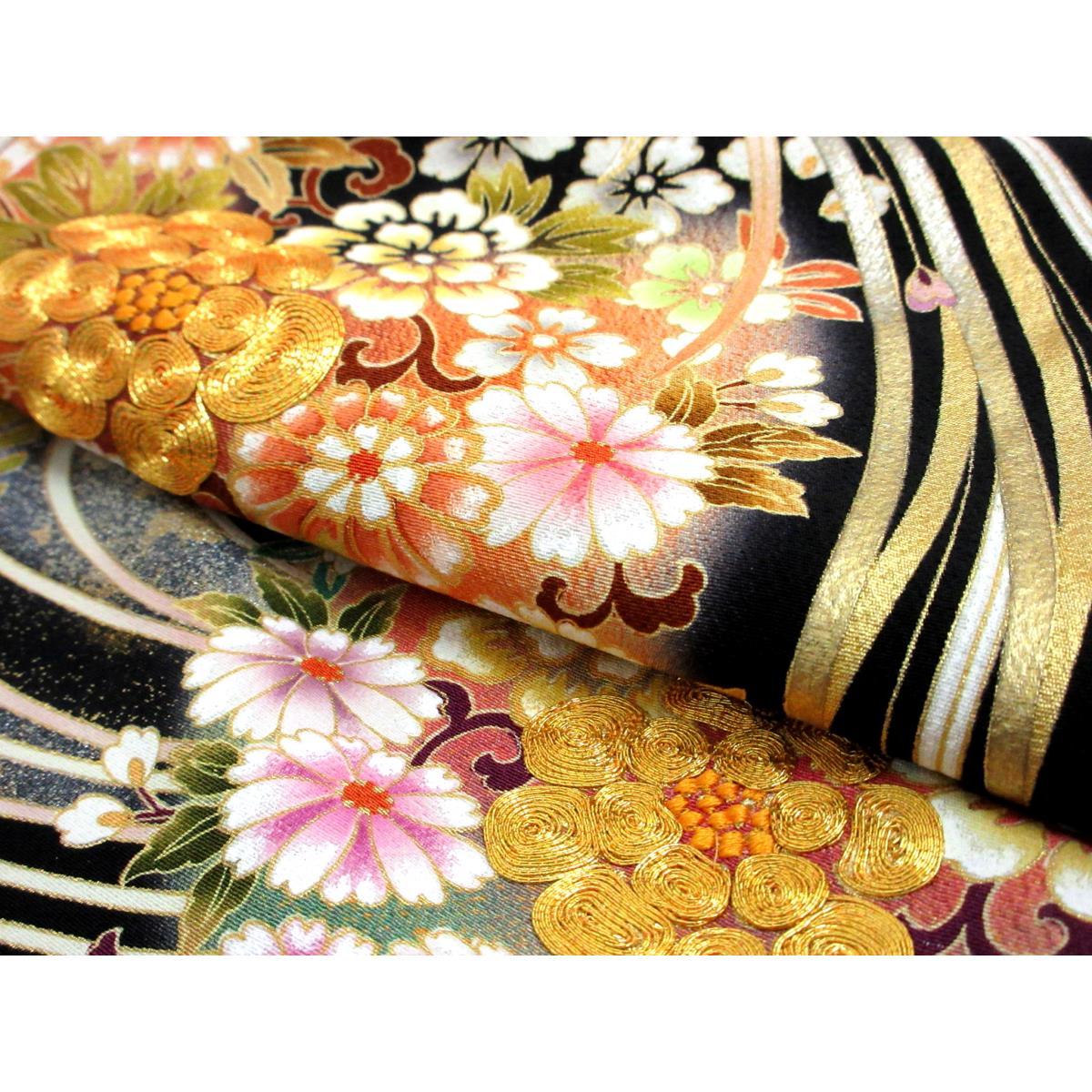 留袖　友禅金彩加工　刺繍入り　丸に三ツ柏