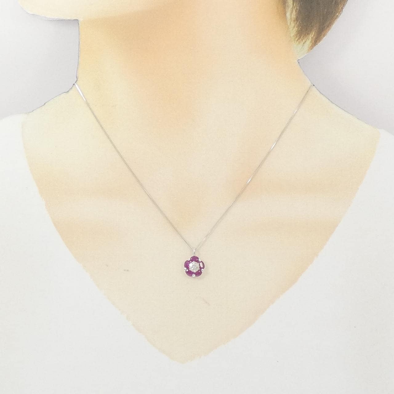 K18WG フラワー ルビー ネックレス 0.90CT