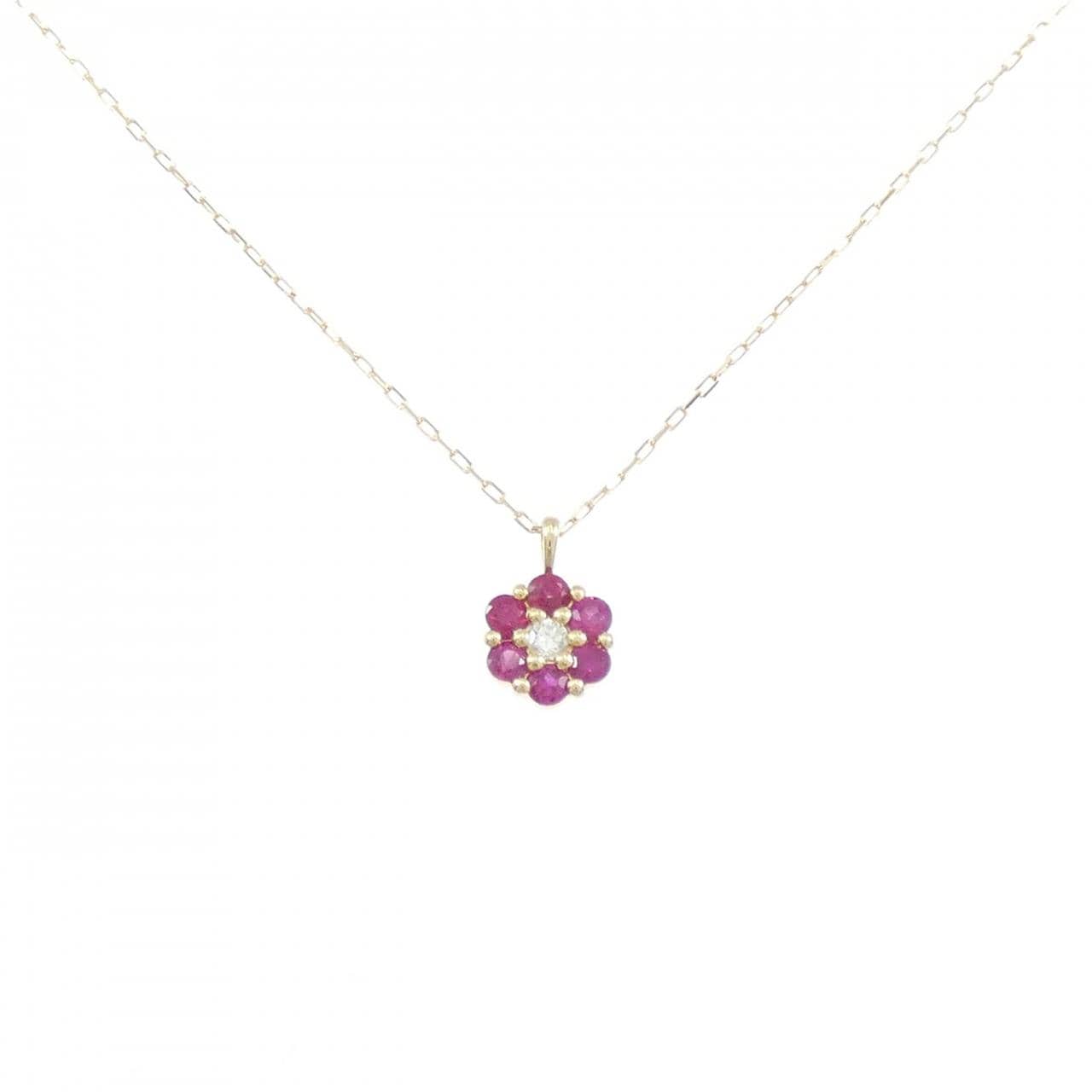 【新品】K18YG フラワー ルビー ネックレス 0.12CT