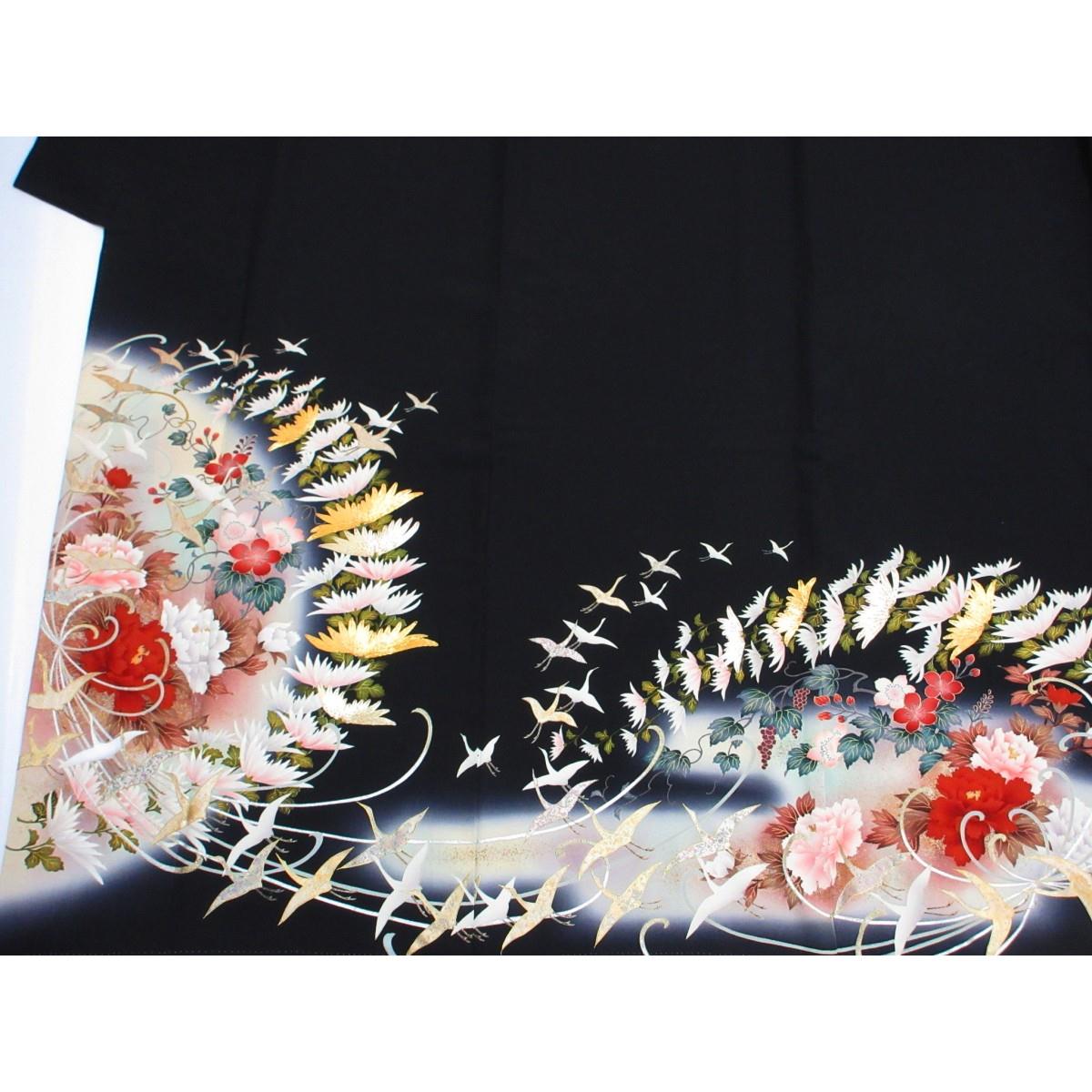 留袖　友禅金彩加工　刺繍入り　丸に橘　身丈Ｓ寸　身幅２Ｌ寸
