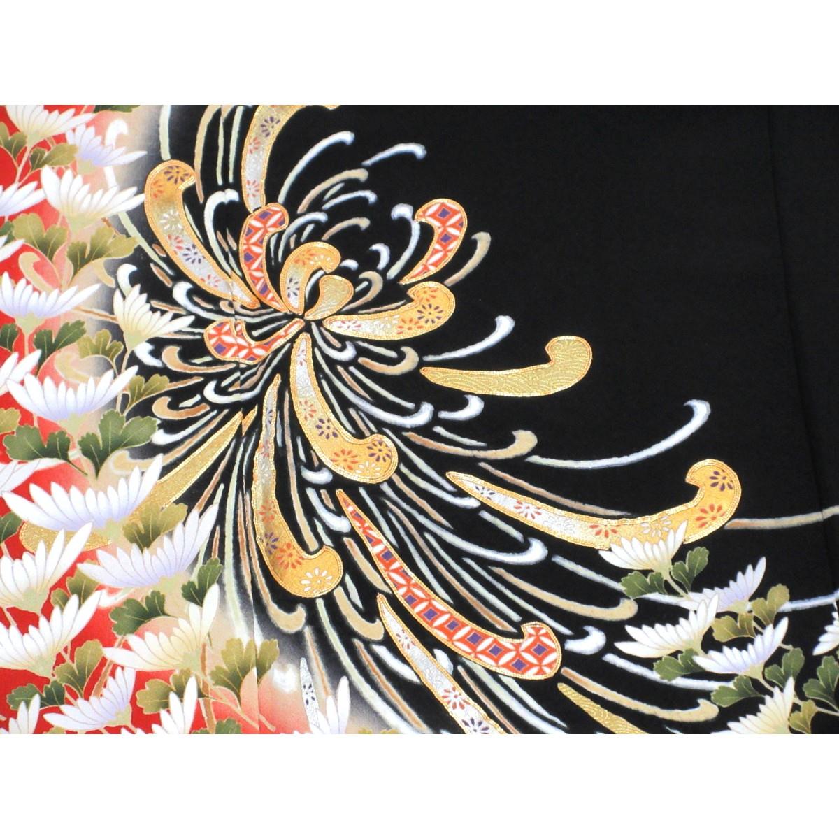 留袖　友禅金彩加工　刺繍入り　丸に三ツ柏