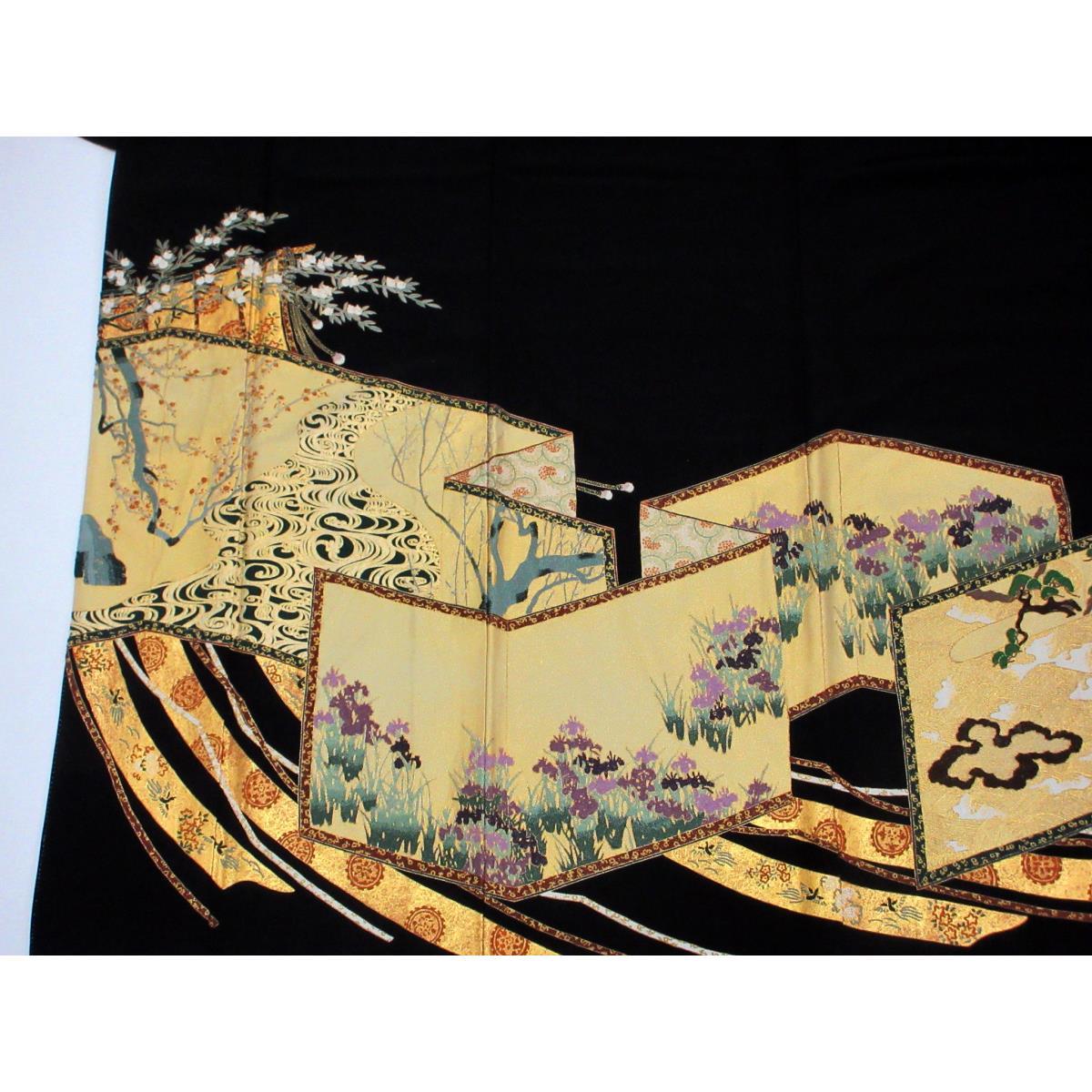 Tomesode (formal kimono) by Matsuo Korin, Sagara embroidery, sword and sword eating