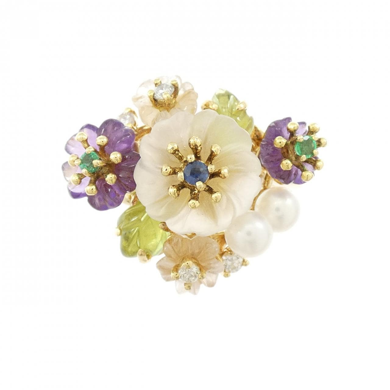 K18YG フラワー カラーストーン リング