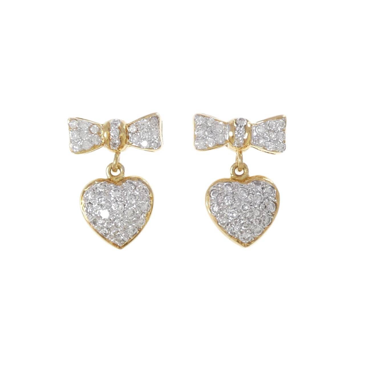 K18YG/K18WG リボン×ハート ダイヤモンド ピアス
