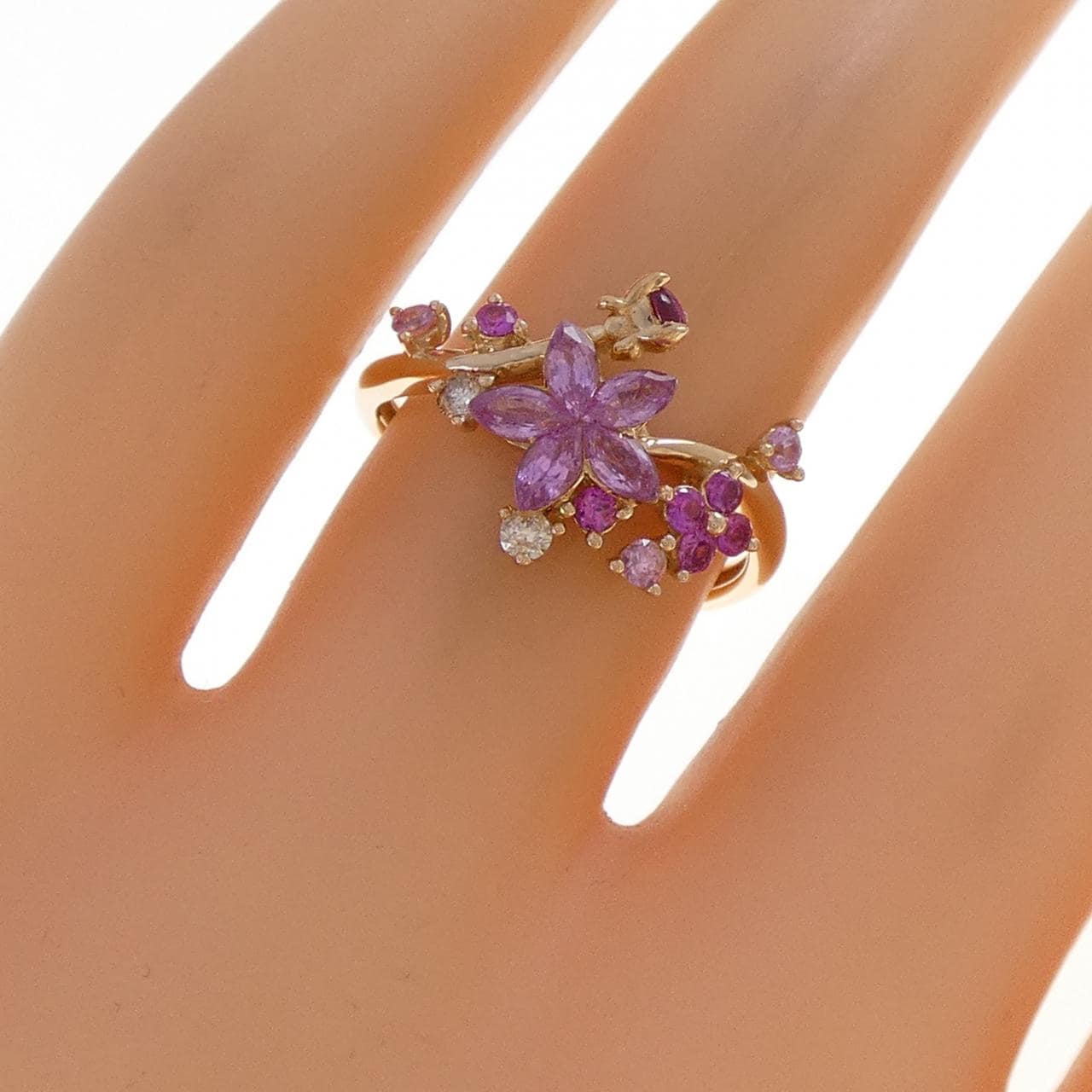 K18PG フラワー カラーストーン リング