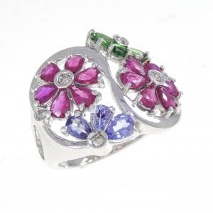 K18WG フラワー カラーストーン リング