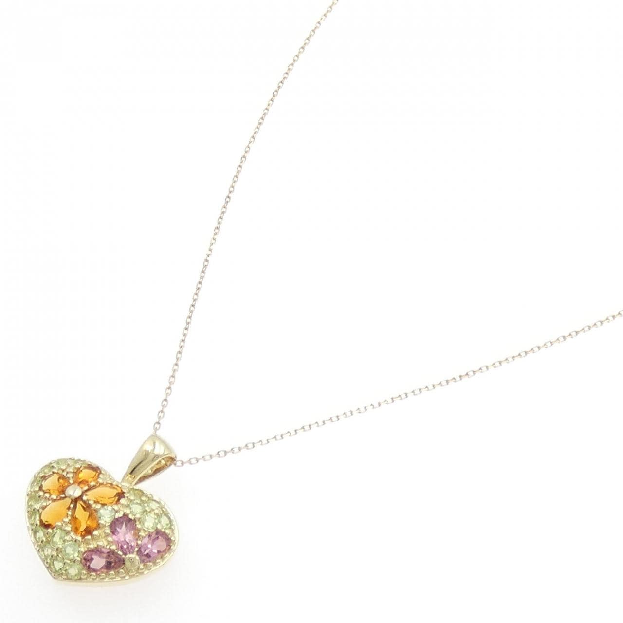 10KYG/K10YG Heart x Flower Color Stone Necklace