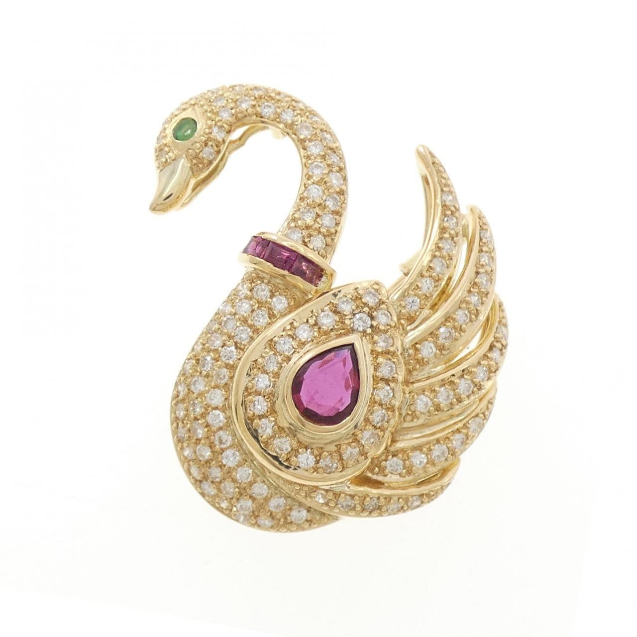 K18YG スワン カラーストーン ブローチ 1.92CT