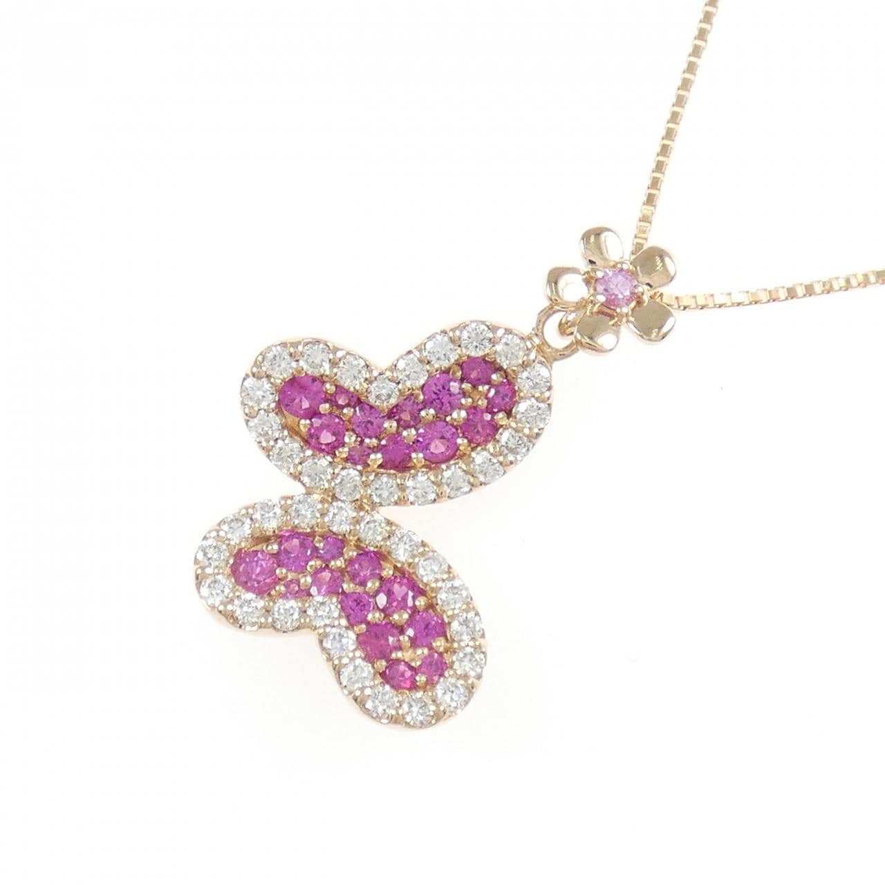 K18PG バタフライ×フラワー カラーストーン ネックレス
