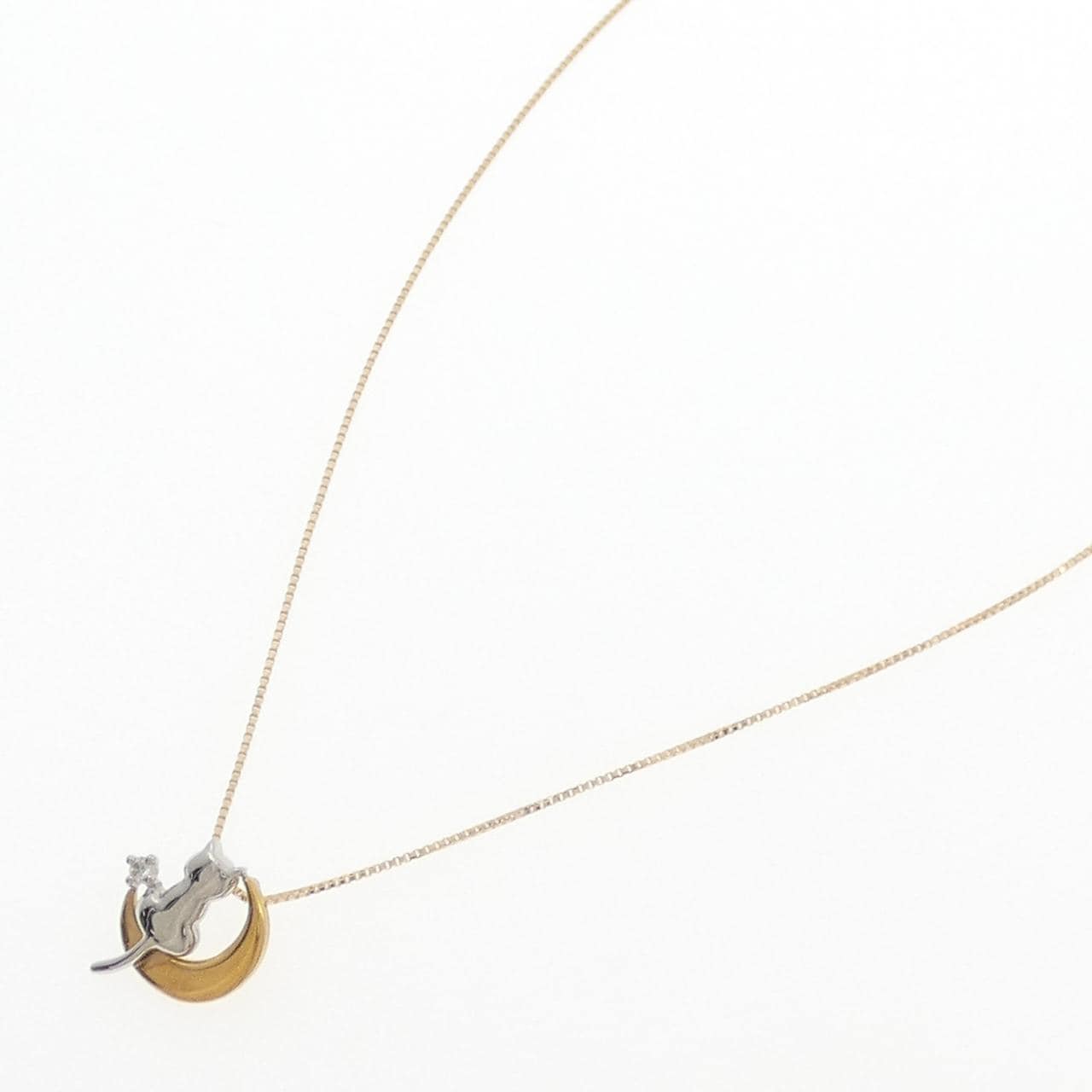 K24YG/PT999/K18YG Cat and Moon Diamond Necklace 0.01CT