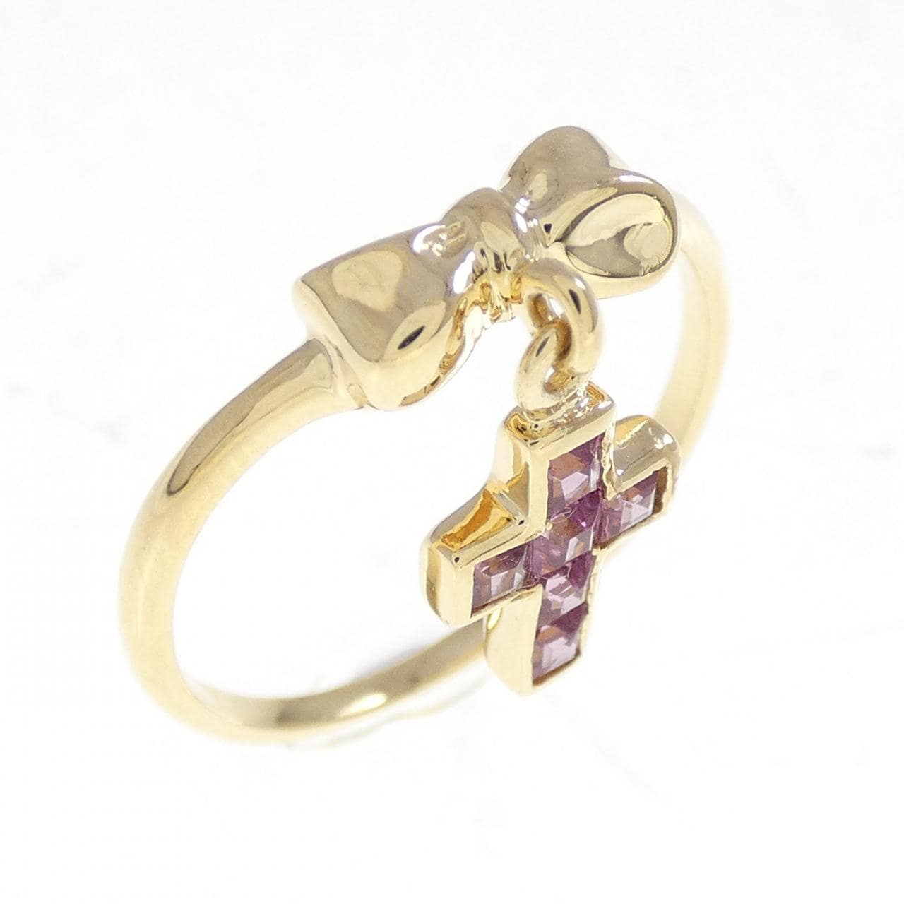 K18YG リボン?クロス ガーネット リング