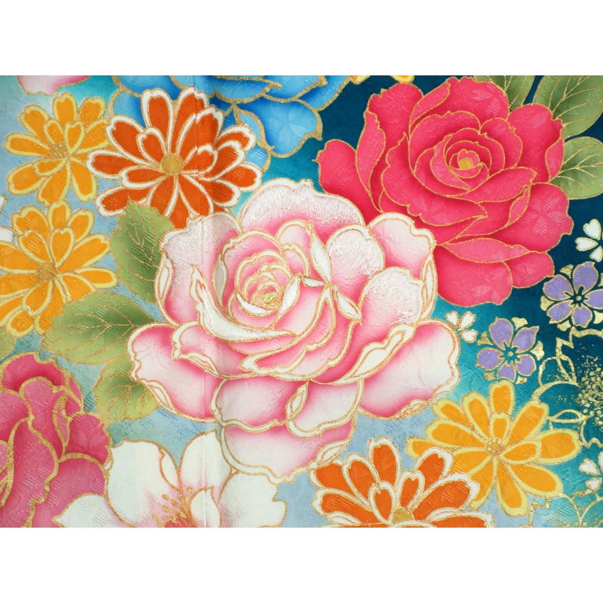 振袖　友禅金彩加工　刺繍入りボカシ染