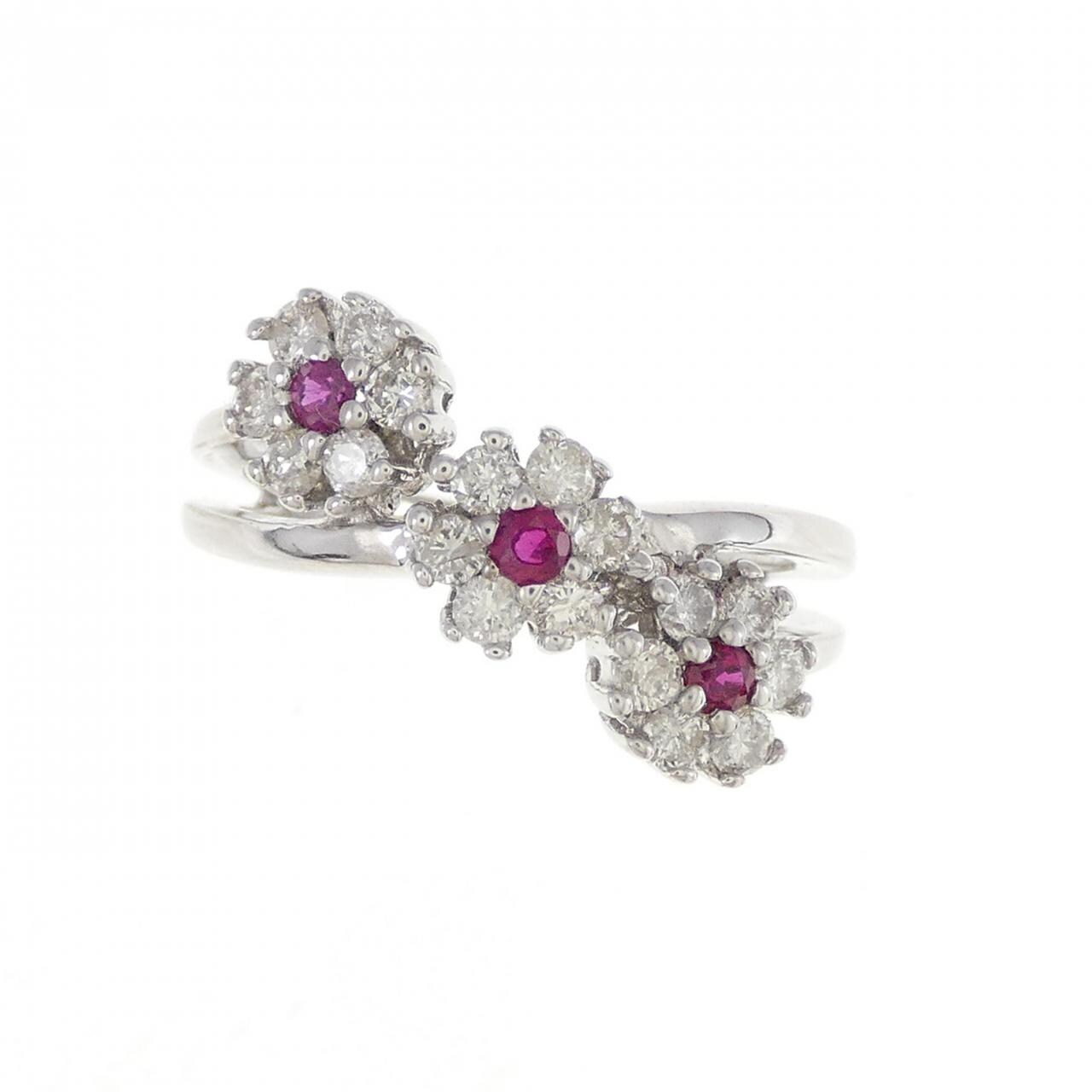K18WG フラワー ルビー リング 0.15CT