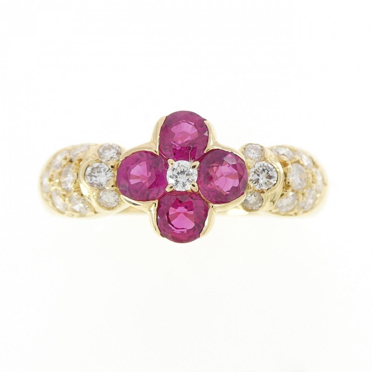 K18YG フラワー ルビー リング 0.84CT
