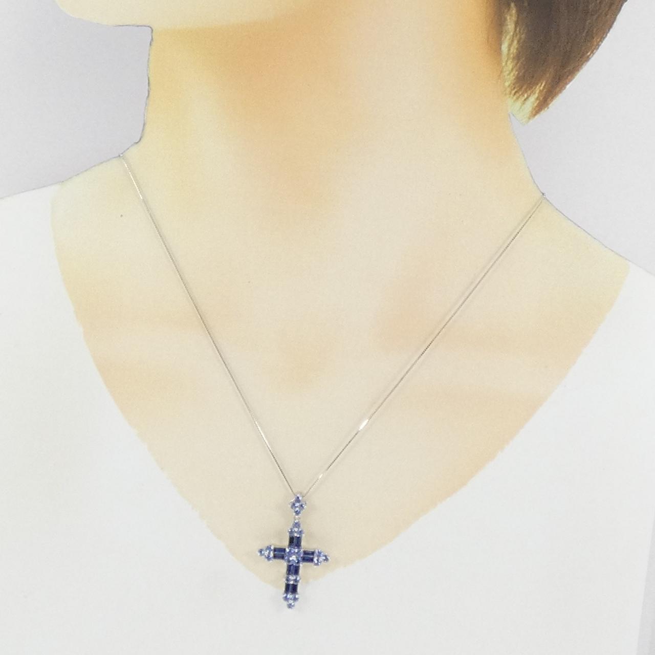 K18WG クロス×フラワー サファイヤ ネックレス 2.10CT